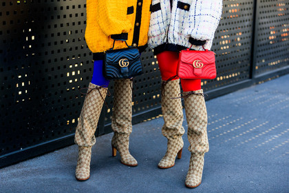 Ami and Aya Suzuki, beige boots, black bag, checked, graphic jacket, gucci, high boots, high heels, leather bag, leather shoes, monogram, necklace, plaid, printed jacket, red bag, tights, tweed jacket, white jacket, yellow jacket, fashion week, frenchystyle, FW, jonathan paciullo, street style, MFW, MILAN, AUTUMN WINTER 2019-2020, AW 19-20, FALL WINTER 2019-2020, FW 19-20, atmosphere details, detail, horizontal