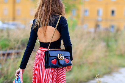 atmosphere details, black top, blue bag, detail, fashion week, frenchystyle, FW, geometric, graphic skirt, gucci, horizontal, jonathan paciullo, leather bag, MFW, MILAN, open back, open work, printed bag, printed skirt, red skirt, SPRING SUMMER 2017, SS 17, street style, striped skirt
