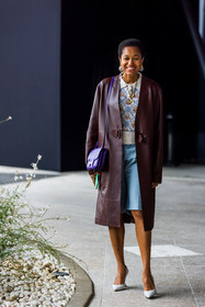 bag, beige polo, bermuda, blue bermuda, burgundy coat, coat, flower, gold necklace, heels, hermes bag, initial necklace, leather coat, necklace, polo, printed polo, purple bag, Tamu McPherson, white heels, PARIS, PFW, fashion week, frenchystyle, FW, jonathan paciullo, street style, SPRING SUMMER 2022, SS 22, vertical, full length