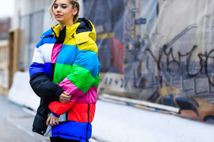amanda steele, atmosphere details, AUTUMN WINTER 2016-2017, AW 16-17, blue, detail, down jacket, fashion week, frenchystyle, fuschia, FW, FW 16-17, geometric, graphic, graphic coat, graphic jacket, green, horizontal, jonathan paciullo, model, multicolor, multicolor jacket, navy, NEW YORK, NYFW, pink, red, street style, stripes, turquoise, woman, yellow