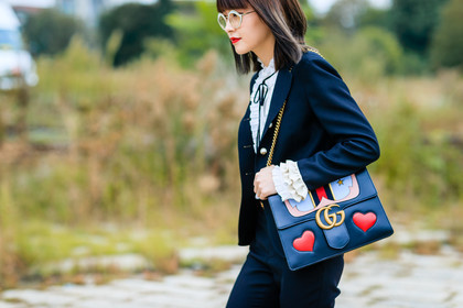 atmosphere details, black jacket, black suit, blazer, blue bag, detail, fashion week, fil xiaobai, frenchystyle, FW, gucci, horizontal, jonathan paciullo, leather bag, MFW, MILAN, printed bag, red lips, SPRING SUMMER 2017, SS 17, street style, white shirt