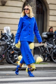 black sunglasses, blue boots, blue jacket, blue pants, boots, Candela Novembre, color, culotte, electric blue, jacket, leather boots, leather jacket, leather pants, pants, pompon, statement boots, sunglasses, street style, jonathan paciullo, FW, frenchystyle, fashion week, PFW, PARIS, SPRING SUMMER 2022, SS 22, vertical, full length