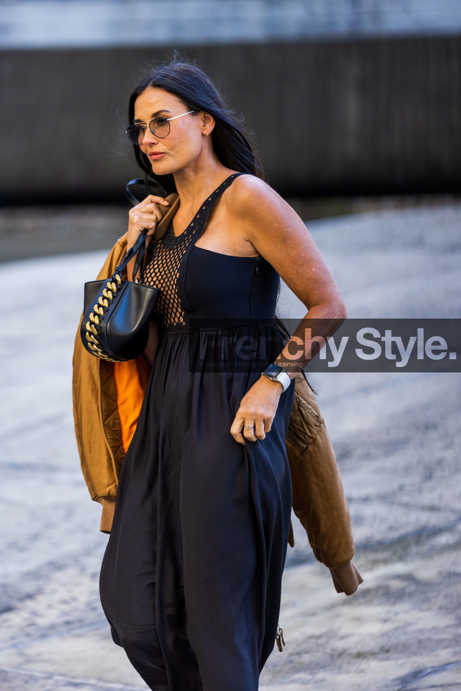 bag, black bag, black dress, Demi Moore, dress, gold chain, mesh, stella mccartney bag, watch, fashion week, frenchystyle, FW, jonathan paciullo, street style, PFW, PARIS, SPRING SUMMER 2022, SS 22, vertical, atmosphere details