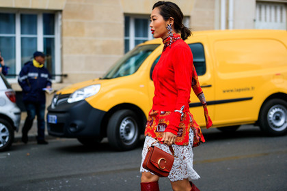 aimee song, bracelet, chloé, graphic jacket, graphic skirt, high boots, high heels, lace skirt, leather bag, leather shoes, printed jacket, printed skirt, red bag, red boots, red shirt, red sweater, white skirt, PARIS, PFW, street style, jonathan paciullo, FW, frenchystyle, fashion week, AUTUMN WINTER 2019-2020, AW 19-20, FALL WINTER 2019-2020, FW 19-20, horizontal, atmosphere details, detail