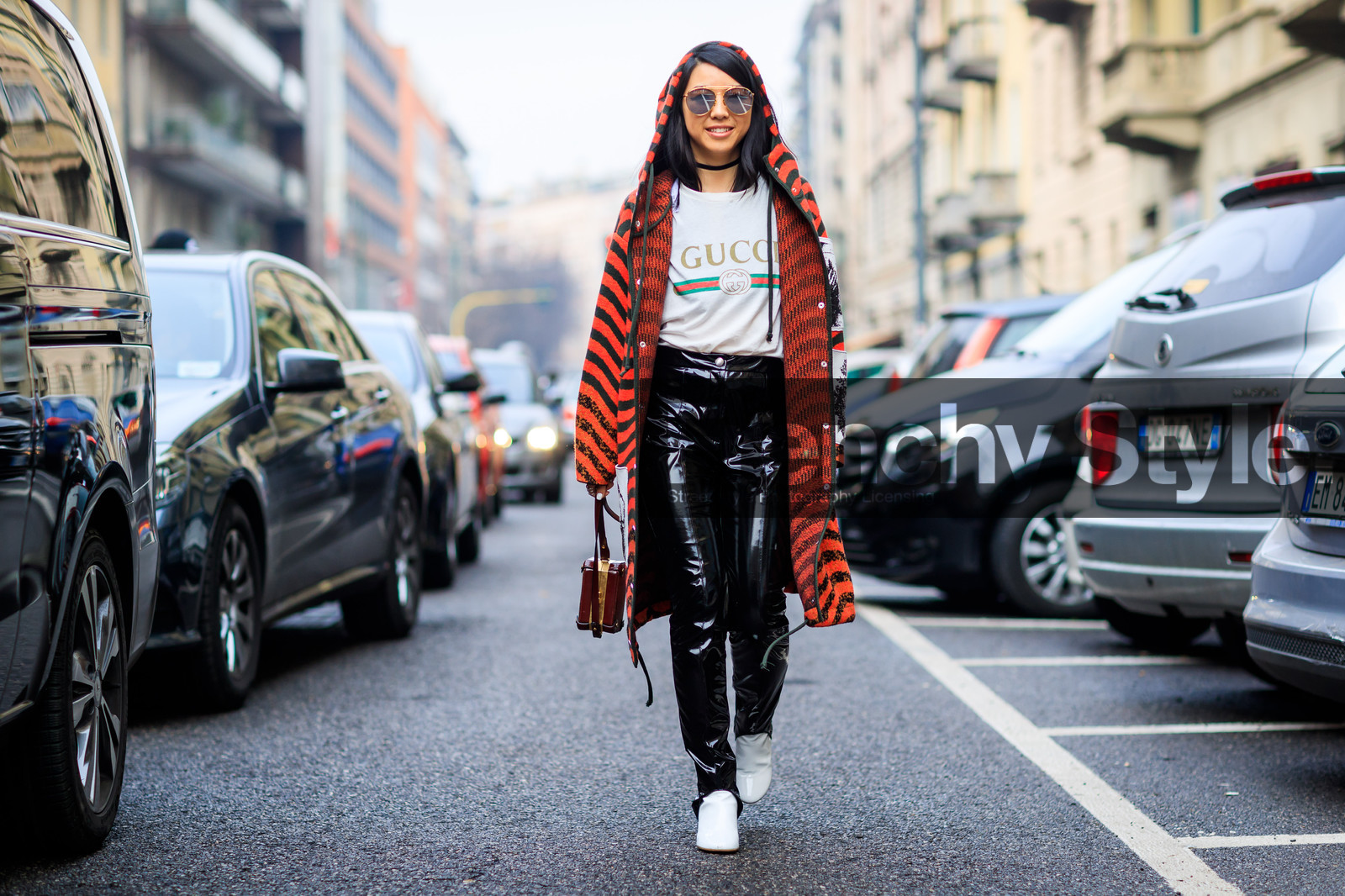 atmosphere details, AUTUMN WINTER 2017-2018, AW 17-18, black pants, dries van noten, FALL WINTER 2017-2018, fashion week, frenchystyle, full length, FW, FW 17-18, geometric, graphic coat, gucci, high heels, hood, horizontal, jonathan paciullo, leather bag, leather pants, leather shoes, MFW, MILAN, orange coat, printed coat, printed t shirt, red bag, stir pants, street style, sunglasses, trousers, varnished leather, vinyl, white boots, white t shirt