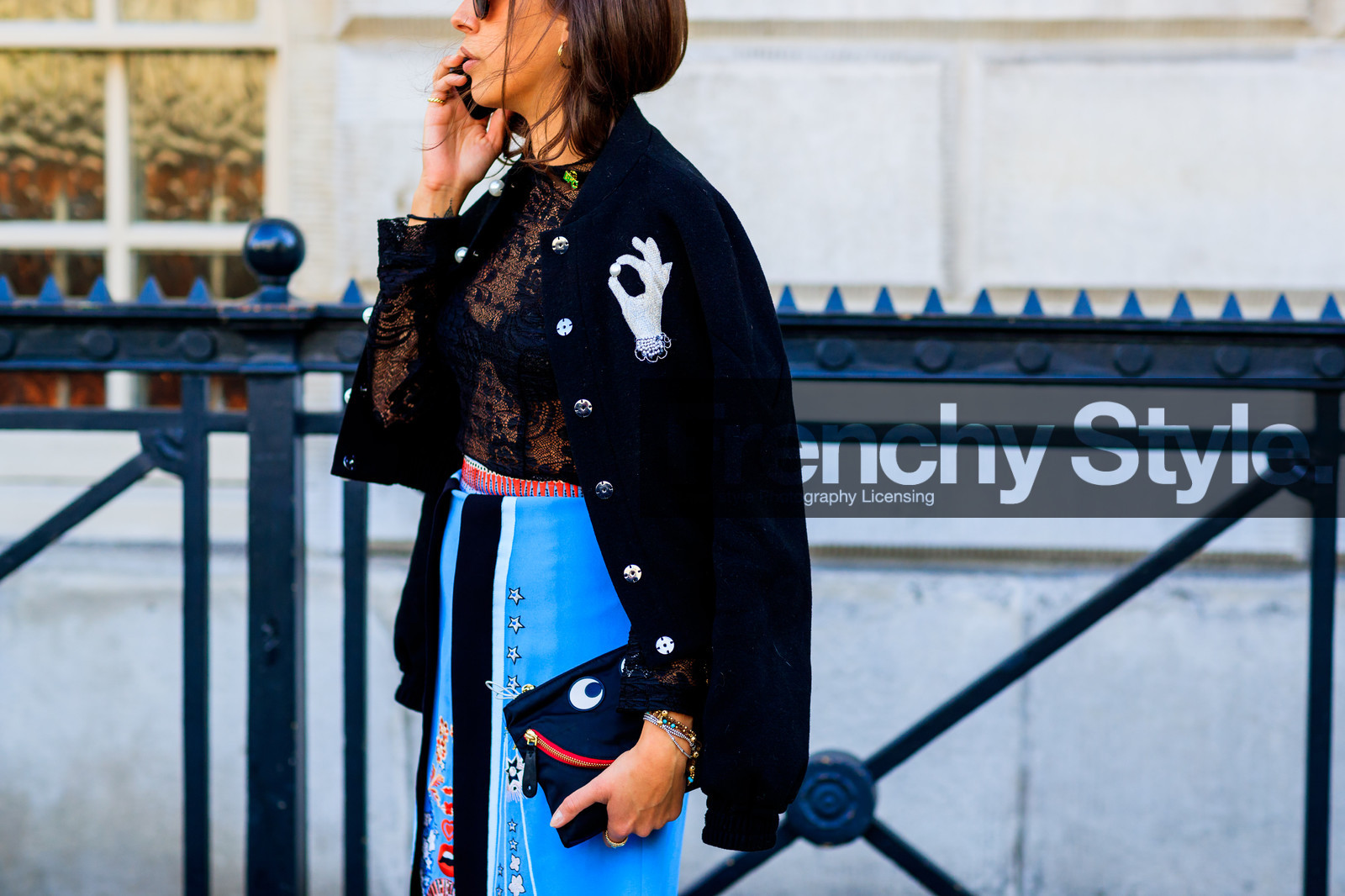 black bag, black jacket, black top, blue skirt, graphic bag, graphic jacket, graphic skirt, lace top, leather bag, over the shoulder, printed bag, printed jacket, printed skirt, see through, sunglasses, teddy jacket, fashion week, frenchystyle, FW, jonathan paciullo, street style, LFW, LONDON, SPRING SUMMER 2019, SS 19, atmosphere details, horizontal, detail
