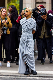 black boots, blue dress, boots, dress, leather boots, loewe look, long dress, statement dress, sunglasses, Vanessa Hong, white sunglasses, wrap dress, street style, jonathan paciullo, FW, frenchystyle, fashion week, PFW, PARIS, SPRING SUMMER 2022, SS 22, vertical, full length