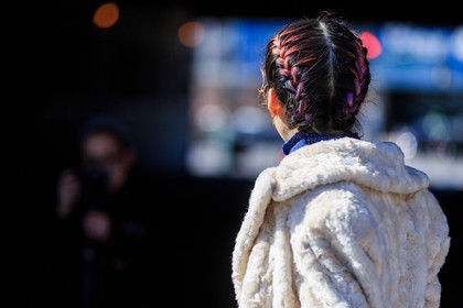 atmosphere details, AUTUMN WINTER 2016-2017, AW 16-17, braids, detail, dyed hair, fashion week, frenchystyle, fur coat, FW, FW 16-17, horizontal, irene kim, jonathan paciullo, NEW YORK, NYFW, street style, white fur, woman
