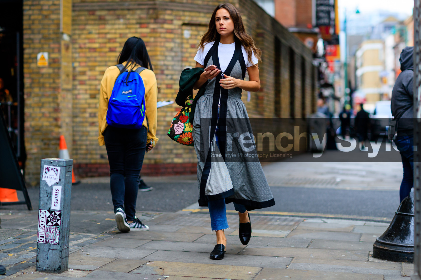 atmosphere details, black mules, blue denim, denim pants, fashion week, floral, florrie thomas, flower, frenchystyle, full length, FW, grey dress, horizontal, jeans, jonathan paciullo, leather bag, leather shoes, LFW, LONDON, multicolor bag, printed bag, SPRING SUMMER 2017, SS 17, street style, trousers, white t shirt, woman