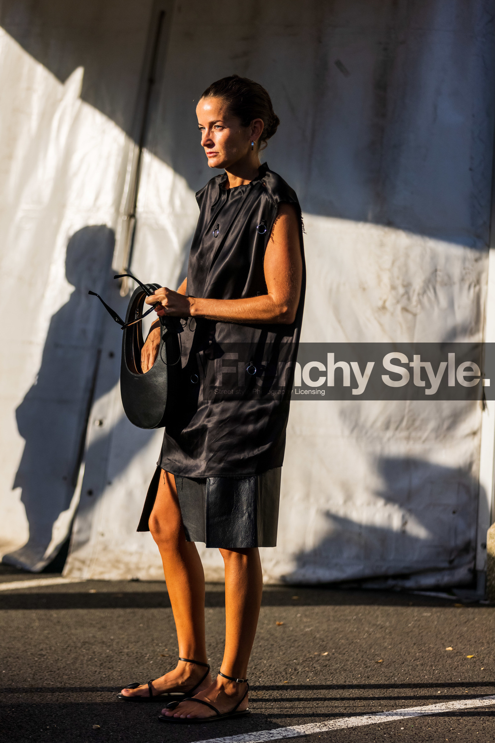 bag, black monochrome, black sandals, black shirt, black skirt, coperni bag, leather bag, leather sandals, leather skirt, Lucy Chadwick, monochrome, sandals, shirt, skirt, sleveless shirt, street style, jonathan paciullo, FW, frenchystyle, fashion week, PFW, PARIS, SPRING SUMMER 2022, SS 22, vertical, full length