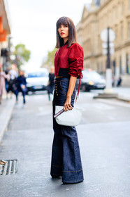 blue denim, denim pants, Evangelie Smyrniotaki, fashion week, flare jean, frenchystyle, full length, FW, high waist, jeans, jonathan paciullo, leather bag, PARIS, PFW, red jacket, SPRING SUMMER 2017, SS 17, street style, trousers, vertical, white bag