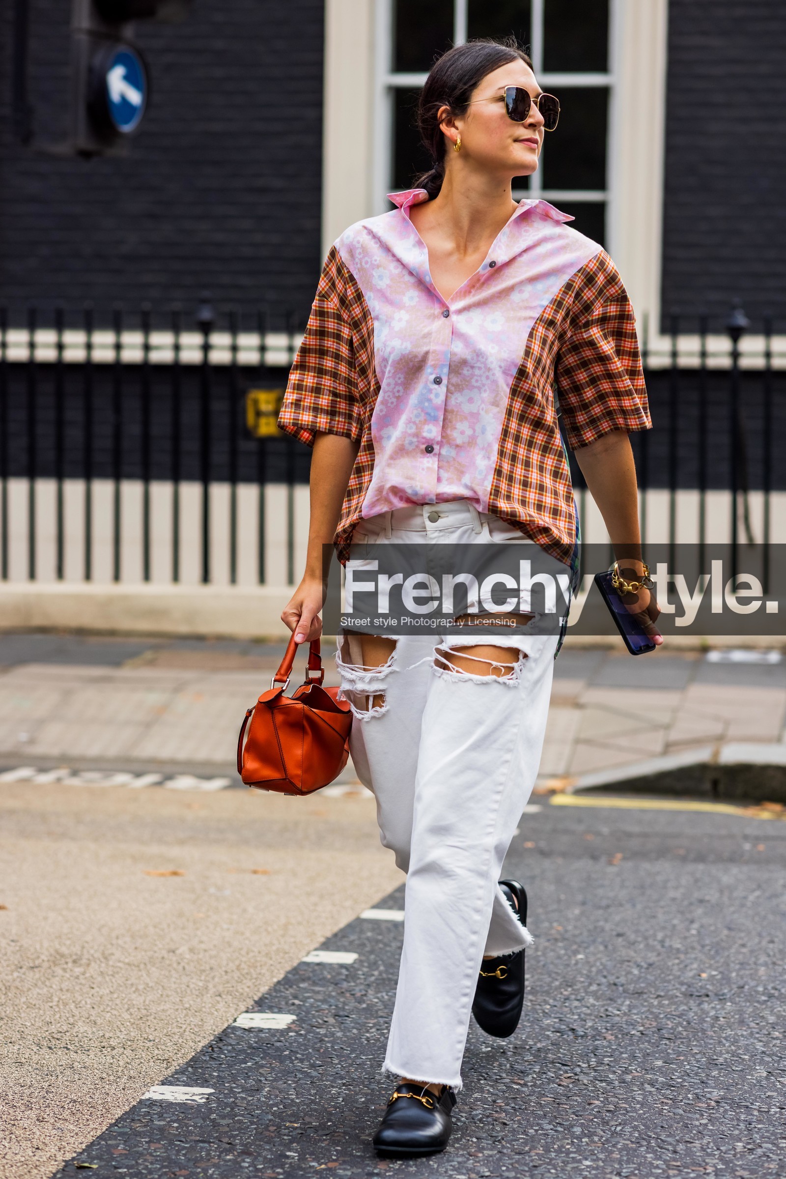 ripped, jeans, denim, white, mocassins, gucci, handbag, loewe, black, orange, shirt, plaid, plaid shirt, pink, print, fashion week, frenchystyle, FW, jonathan paciullo, street style, SS 22, SPRING SUMMER 2022, LFW, LONDON, vertical, full length