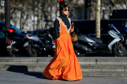 black sweater, brown bag, graphic bag, leather bag, louis vuitton, maiko shibata, monogram, orange dress, printed bag, sunglasses, turtleneck sweater, PARIS, PFW, street style, jonathan paciullo, FW, frenchystyle, fashion week, AUTUMN WINTER 2019-2020, AW 19-20, FALL WINTER 2019-2020, FW 19-20, horizontal, atmosphere details, full length