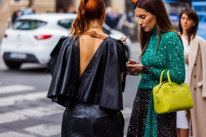 black skirt, color, Gala Gonzalez, green bag, green turtleneck, leather bag, loewe bag, sequins, smartphone, turtleneck, back, back detail, black pants, black top, Courtney Trop, leather pants, leather top, open back, pony tails, tattoo, street style, jonathan paciullo, FW, frenchystyle, fashion week, PFW, PARIS, SPRING SUMMER 2022, SS 22, horizontal, atmosphere details