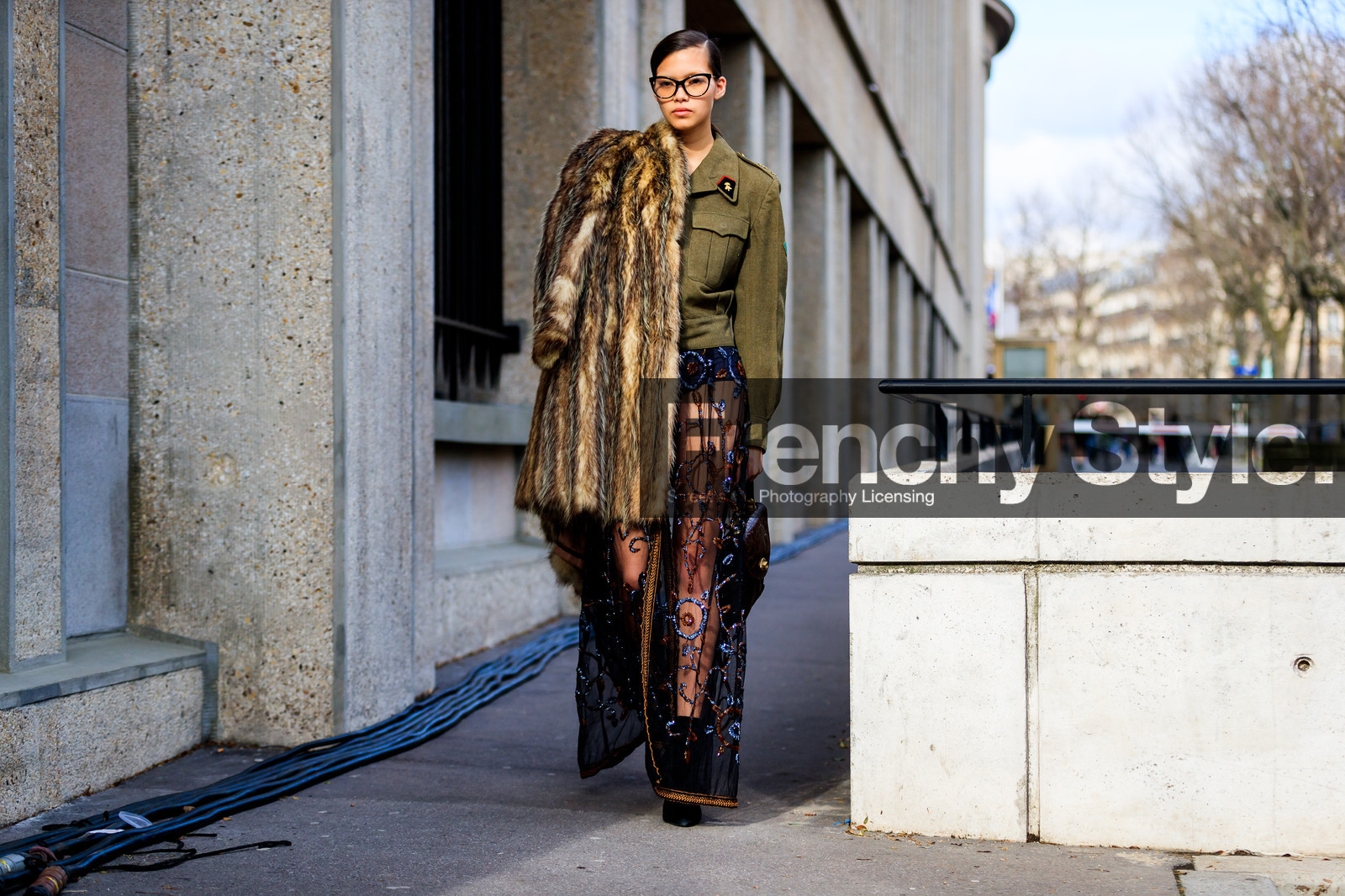 atmosphere details, AUTUMN WINTER 2017-2018, AW 17-18, black shoes, black skirt, bordeaux, burgundy, embroidered skirt, FALL WINTER 2017-2018, fashion week, frenchystyle, full length, Fur coat, FW, FW 17-18, green jacket, high heels, horizontal, jonathan paciullo, lace skirt, leather bag, leather shoes, military jacket, model, PARIS, PFW, red bag, see through, sequined skirt, street style