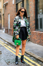 black boots, black skirt, christian louboutin, fashion week, floral, flower, frenchystyle, full length, FW, green bag, green coat, green jacket, high heels, jimmy choo, jonathan paciullo, leather boots, LFW, LONDON, printed coat, printed jacket, SPRING SUMMER 2017, SS 17, street style, suede bag, sunglasses, tamara kalinic, vertical, white shirt, woman