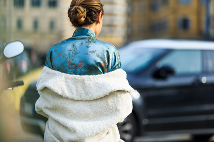 atmosphere details, AUTUMN WINTER 2016-2017, AW 16-17, back detail, blue jacket, bun, chinese print, detail, FALL WINTER 2016-2017, fashion week, frenchystyle, FW, FW 16-17, horizontal, jenny walton, jonathan paciullo, LFW, LONDON, MENSWEAR, off the shoulder, satin, street style, white coat
