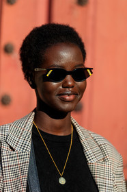 beige jacket, black sweater, blazer, checked, fendi, graphic jacket, model, necklace, plaid, printed jacket, sunglasses, PARIS, PFW, street style, jonathan paciullo, FW, frenchystyle, fashion week, AUTUMN WINTER 2019-2020, AW 19-20, FALL WINTER 2019-2020, FW 19-20, vertical, atmosphere details, detail