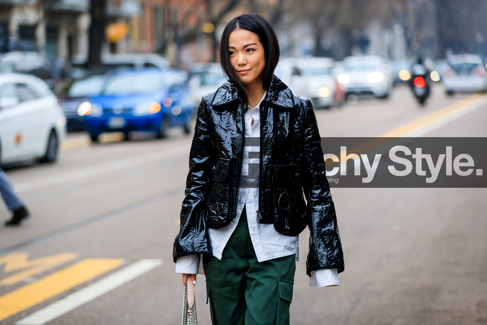 atmosphere details, AUTUMN WINTER 2017-2018, AW 17-18, black jacket, detail, FALL WINTER 2017-2018, fashion week, fendi, frenchystyle, FW, FW 17-18, green pants, horizontal, jonathan paciullo, leather jacket, MFW, MILAN, street style, trousers, varnished leather, vinyl, white shirt, yoyo cao