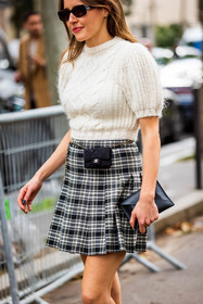 balloon sleeves, black skirt, black sunglasses, boots, chanel belt, check, knitwear, printed skirt, short skirt, skirt, sunglasses, tartan skirt, white knitwear, fashion week, frenchystyle, FW, jonathan paciullo, street style, PFW, PARIS, SPRING SUMMER 2022, SS 22, vertical, atmosphere details