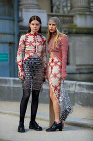 black shoes, courtney trop, graphic skirt, graphic sweater, hood, leather bag, leather shoes, metallic bag, metallic skirt, molly and reese blustein, paco rabanne, printed skirt, printed sweater, red sweater, silver bag, silver skirt, tights, white skirt, white sweater, PARIS, PFW, street style, jonathan paciullo, FW, frenchystyle, fashion week, AUTUMN WINTER 2019-2020, AW 19-20, FALL WINTER 2019-2020, FW 19-20, vertical, full length