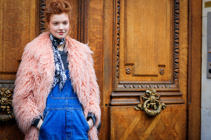 blue denim, denim overall, fur jacket, pink fur, pink jacket, printed scarf, red head, fashion week, frenchystyle, FW, jonathan paciullo, street style, PFW, PARIS, SPRING SUMMER 2017, SS 17, HAUTE COUTURE, atmosphere details, detail, horizontal, anastasia ivanova, model