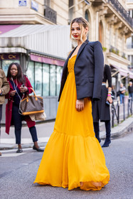 black blazer, blazer, dress, fluid dress, long dress, Madelyn Cline, orange dress, fashion week, frenchystyle, FW, jonathan paciullo, street style, PFW, PARIS, SPRING SUMMER 2022, SS 22, vertical, full length