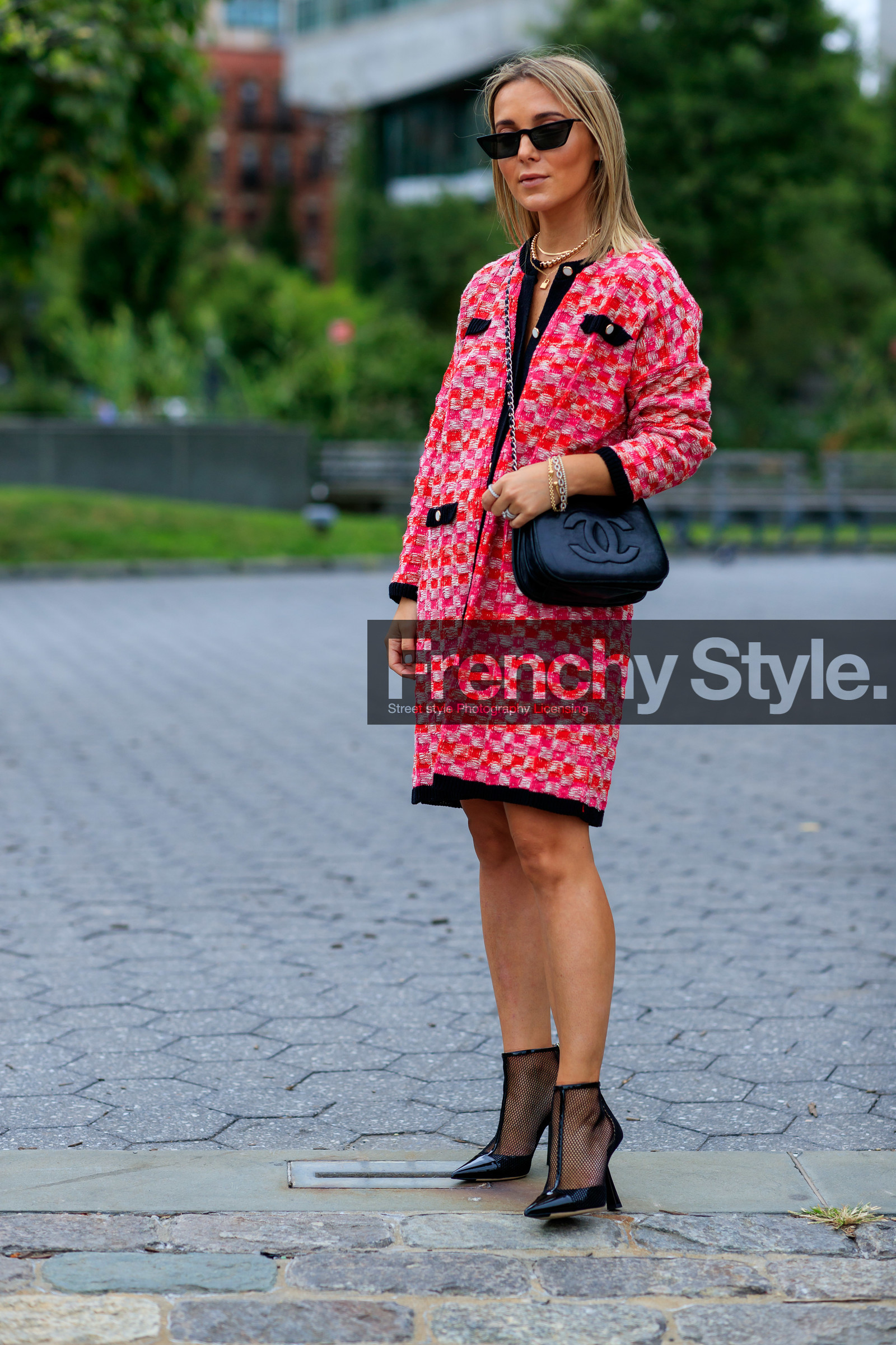 black bag, black shoes, chanel handbag, graphic jacket, high heels, leather bag, leather shoes, necklace, printed jacket, red coat, sunglasses, tweed jacket, fashion week, frenchystyle, FW, jonathan paciullo, street style, NEW YORK, NYFW, SPRING SUMMER 2020, SS 20, vertical, full length