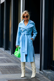 beige shoes, blue coat, green bag, high boots, high heels, leather bag, leather shoes, sunglasses, velvet, white shoes, xenia adonts, MILAN, MFW, fashion week, frenchystyle, FW, jonathan paciullo, street style, AUTUMN WINTER 2019-2020, AW 19-20, FALL WINTER 2019-2020, FW 19-20, vertical, full length