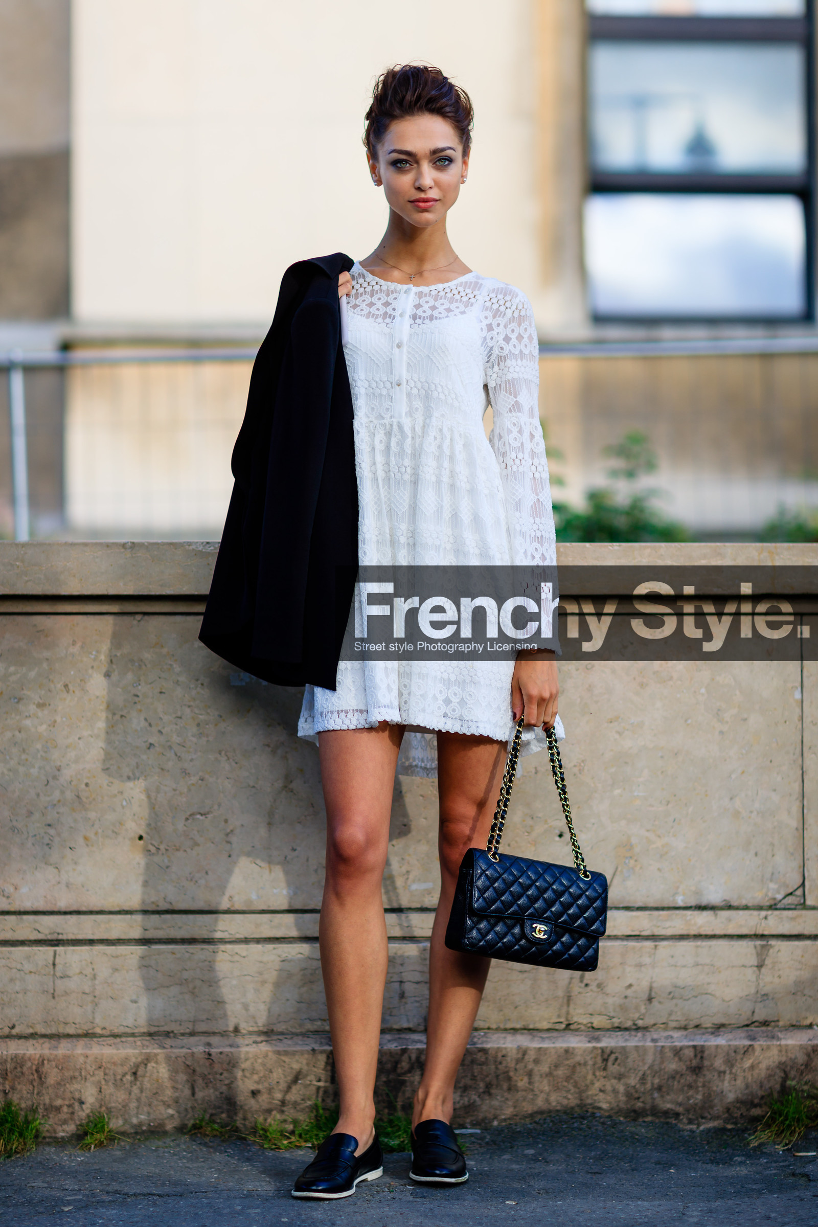 2.55 bag, AUTUMN WINTER 2016-2017, AW 16-17, black bag, black jacket, black shoes, chanel, earrings, FALL WINTER 2016-2017, fashion week, frenchystyle, full length, FW, FW 16-17, HAUTE COUTURE, jonathan paciullo, lace dress, leather bag, leather shoes, MENSWEAR, model, over the shoulder, PARIS, pearls, PFW, pulled back hair, street style, vertical, white dress, zhenya katava