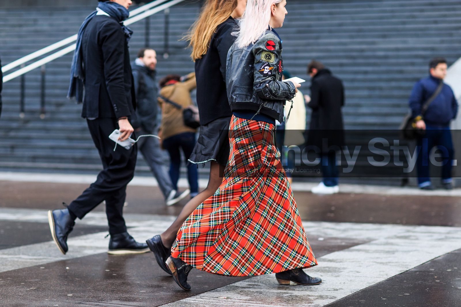 atmosphere details, AUTUMN WINTER 2016-2017, AW 16-17, black boots, black jacket, black perfecto, checked skirt, detail, dyed hair, embroideries, FALL WINTER 2016-2017, fashion week, frenchystyle, FW, FW 16-17, horizontal, jonathan paciullo, leather boots, leather jacket, leather perfecto, PARIS, PFW, pink hair, plaid, red skirt, street style, tartan