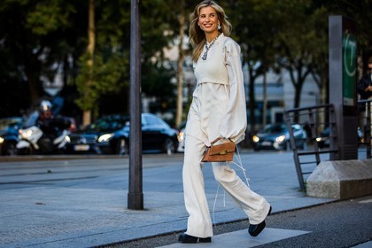acne studios bag, acne studios look, bag, black boots, blue earrings, brown bag, corduroy pants, crop knit, crop top, long sleeves, monochrome, necklace, orange bag, pants, shirt, silver necklace, small bag, statement necklace, white crop top, white monochrome, white pants, white shirt, Xenia Adonts, street style, jonathan paciullo, FW, frenchystyle, fashion week, PFW, PARIS, SPRING SUMMER 2022, SS 22, horizontal, atmosphere details, full length