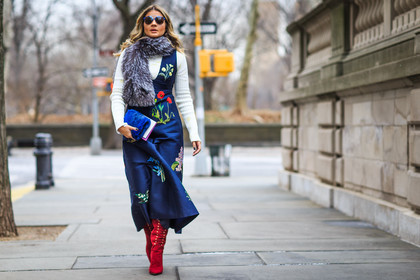 atmosphere details, AUTUMN WINTER 2016-2017, AW 16-17, blue bag, blue jumpsuit, embroidered jumpsuit, fashion week, floral, flower, frenchystyle, full length, fur bag, fur scarf, FW, FW 16-17, grey fur, grey scarf, high boots, high heels, horizontal, jonathan paciullo, navy jumpsuit, NEW YORK, NYFW, printed jumpsuit, red boots, street style, suede shoes, sunglasses, thassia naves, white sweater, woman