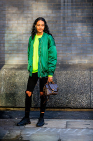 black denim, black shoes, brown bag, denim pants, graphic bag, green jacket, green sweater, jeans, leather bag, leather shoes, louis vuitton, model, monogram, printed bag, trousers, fashion week, frenchystyle, FW, jonathan paciullo, street style, LFW, LONDON, AUTUMN WINTER 2019-2020, AW 19-20, FW 19-20, FALL WINTER 2019-2020, vertical, full length