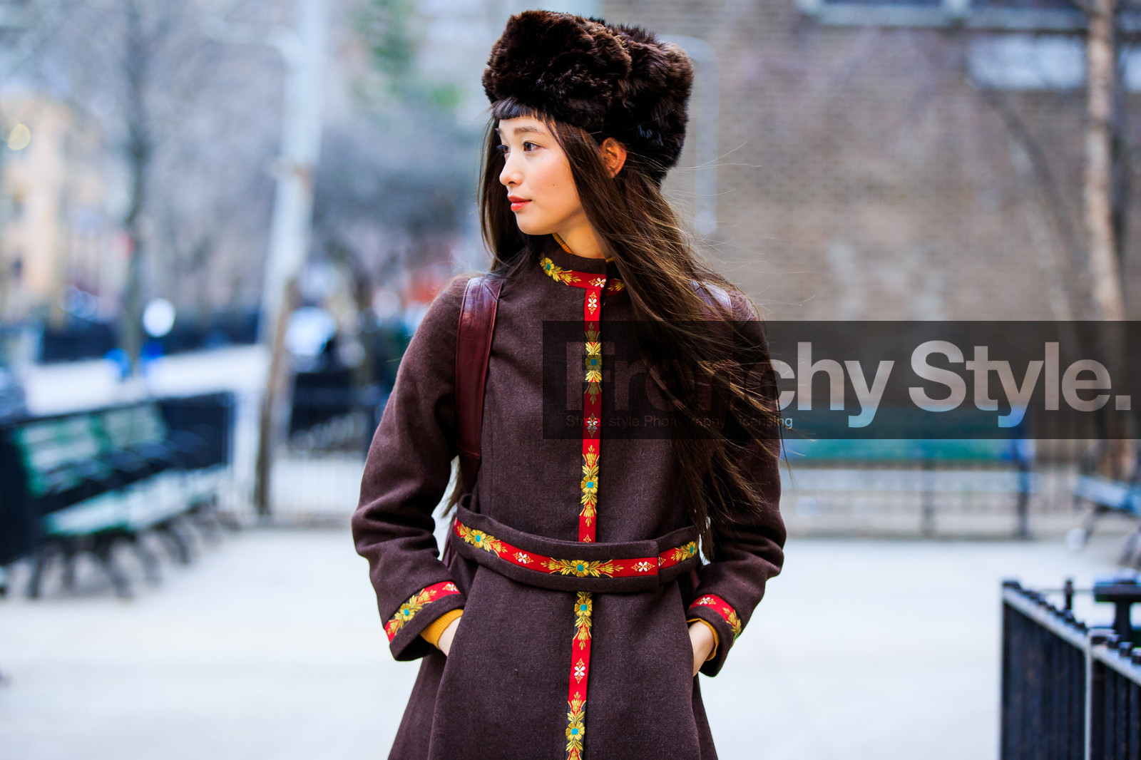 atmosphere details, AUTUMN WINTER 2016-2017, AW 16-17, brown coat, chapka, detail, embroidered coat, embroidered skirt, embroideries, fashion week, frenchystyle, fur hat, FW, FW 16-17, horizontal, jonathan paciullo, model, NEW YORK, NYFW, red skirt, street style, woman, yuka mannami