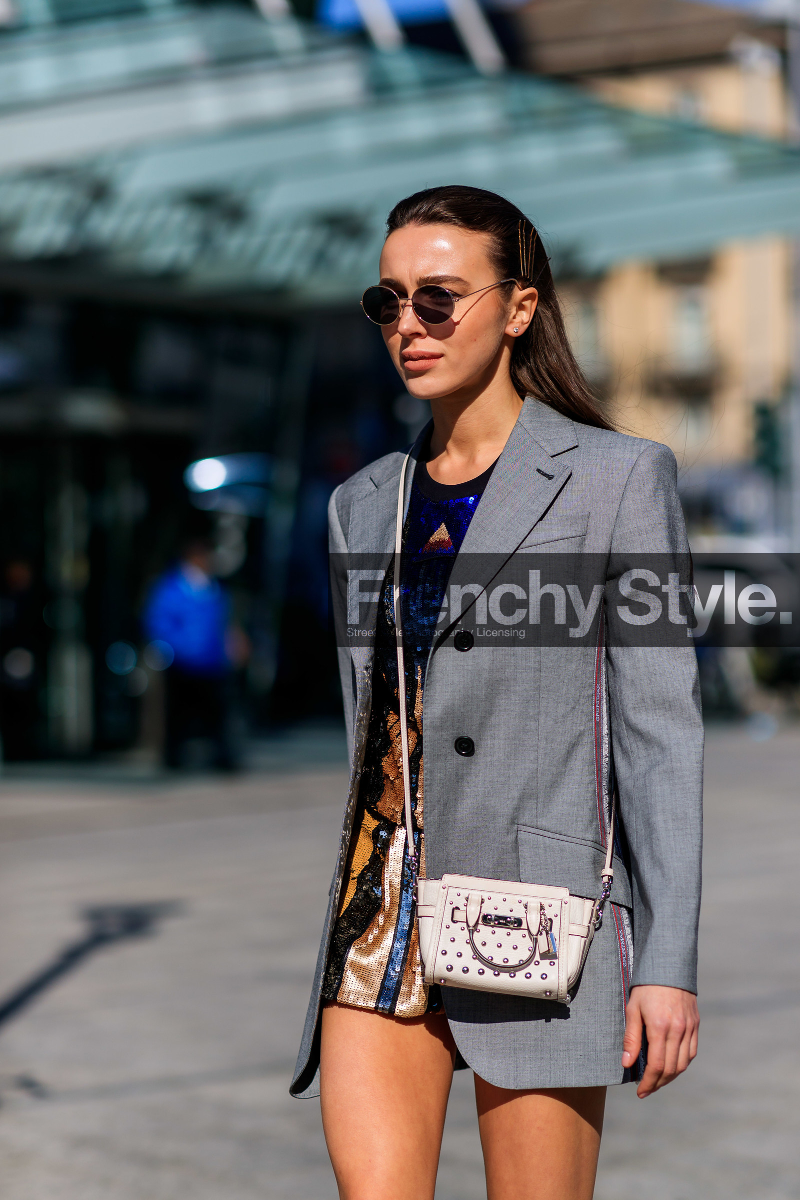 blazer, glitter, graphic skirt, grey jacket, leather bag, mary leest, printed skirt, sequined dress, shiny dress, sportmax, studs, sunglasses, white bag, MILAN, MFW, fashion week, frenchystyle, FW, jonathan paciullo, street style, AUTUMN WINTER 2019-2020, AW 19-20, FALL WINTER 2019-2020, FW 19-20, vertical, atmosphere details, detail