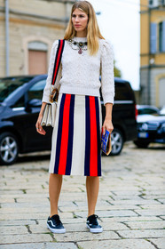black sneakers, embroidered sweater, fashion week, frenchystyle, full length, FW, geometric, graphic skirt, gucci, jewellery, jonathan paciullo, leather bag, leather shoes, leather sneakers, MFW, MILAN, pearls, printed skirt, SPRING SUMMER 2017, SS 17, street style, striped skirt, stripes, vans, veronika heilbrunner, vertical, white bag, white sweater