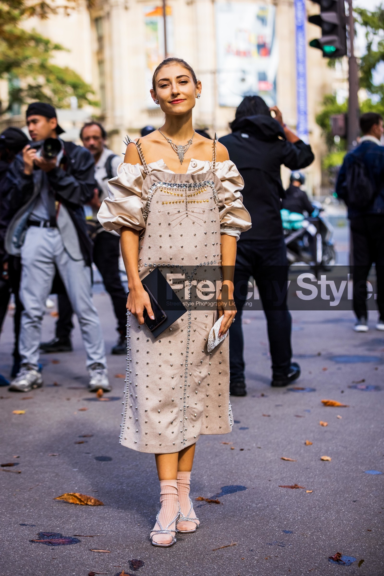 beige dress, clutch, dress, Jenny M Walton, necklace, off-shoulder dress, pink socks, sandals, silver sandals, socks, statement dress, strass, studs, white clutch, fashion week, frenchystyle, FW, jonathan paciullo, street style, PFW, PARIS, SPRING SUMMER 2022, SS 22, vertical, full length