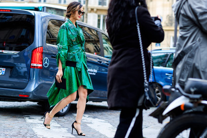 atmosphere details, AUTUMN WINTER 2017-2018, AW 17-18, black bag, black shoes, Chriselle Lim, FALL WINTER 2017-2018, fashion week, frenchystyle, full length, FW, FW 17-18, green jacket, green skirt, high heels, horizontal, jonathan paciullo, leather bag, leather jacket, leather shoes, leather skirt, PARIS, PFW, snake print, street style, sunglasses, tone on tone, total look green, trousers