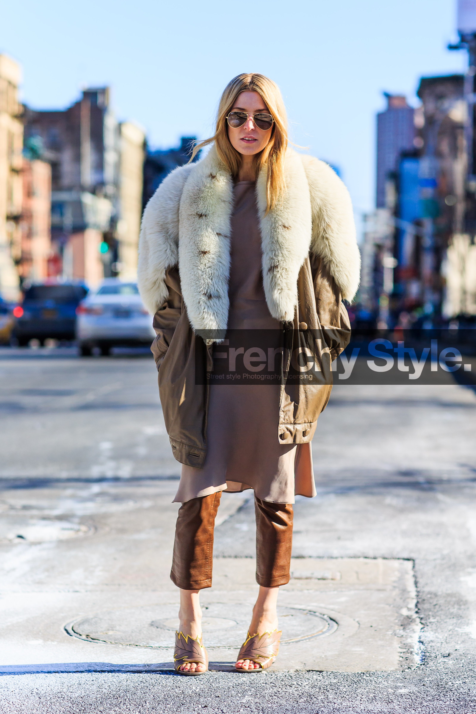 Adi Heyman, AUTUMN WINTER 2016-2017, AW 16-17, brown dress, brown jacket, brown pants, brown sandals, camel pants, fashion week, frenchystyle, full length, fur collar, FW, FW 16-17, jonathan paciullo, leather jacket, leather pants, mules, natural fur, NEW YORK, NYFW, ray ban, silk dress, street style, sunglasses, tone on tone, total look brown, vertical, white fur, woman