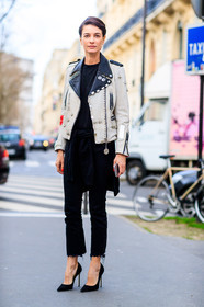 AUTUMN WINTER 2017-2018, AW 17-18, black denim, black jacket, black perfecto, black shoes, denim pants, embroidered jacket, FALL WINTER 2017-2018, fashion week, frenchystyle, full length, FW, FW 17-18, high heels, jeans, jonathan paciullo, leather jacket, leather perfecto, leather shoes, leila yavari, PARIS, PFW, printed jacket, street style, studs, trousers, vertical, white jacket