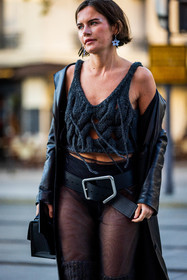 acne studios looks, belt, black belt, black boots, black coat, blue earrings, coat, earrings, flower earrings, fringes, grey knitwear, knitwear, large belt, leather coat, long coat, Marta Cygan, transparent, street style, jonathan paciullo, FW, frenchystyle, fashion week, PFW, PARIS, SPRING SUMMER 2022, SS 22, vertical, atmosphere details