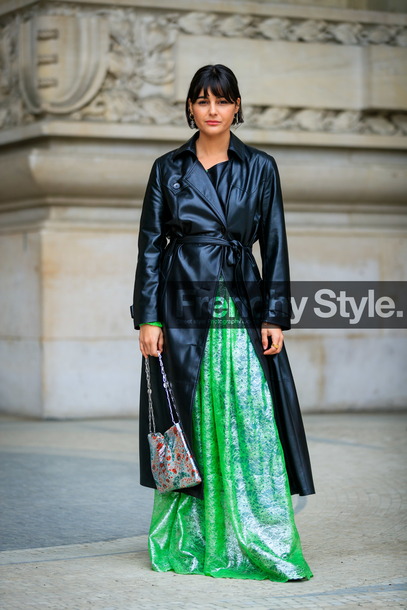 black coat, graphic bag, green dress, leather bag, leather coat, maria bernad, metallic bag, paco rabanne, printed bag, shiny bag, silver bag, trench coat, velvet, PARIS, PFW, street style, jonathan paciullo, FW, frenchystyle, fashion week, AUTUMN WINTER 2019-2020, AW 19-20, FALL WINTER 2019-2020, FW 19-20, vertical, full length