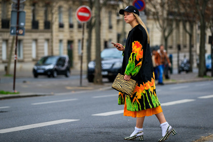 animal print, black cap, black fur coat, chloe king, floral, flowers, gingham, graphic bag, graphic jacket, green shoes, high heels, leather bag, leather shoes, orange bag, orange dress, printed bag, printed jacket, ruffles, white socks, zebra, PARIS, PFW, street style, jonathan paciullo, FW, frenchystyle, fashion week, AUTUMN WINTER 2019-2020, AW 19-20, FALL WINTER 2019-2020, FW 19-20, horizontal, atmosphere details, full length