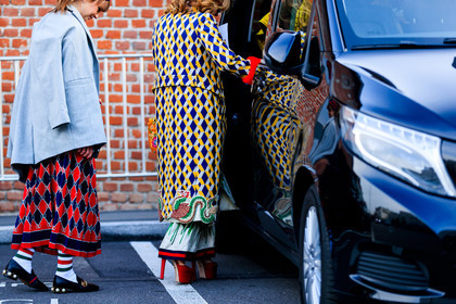 animal print, black shoes, checked, graphic jacket, graphic skirt, grey jacket, gucci, high heels, leather shoes, pearls, plaid, printed jacket, printed skirt, red shoes, red skirt, white socks, yellow coat, fashion week, frenchystyle, FW, jonathan paciullo, street style, MFW, MILAN, AUTUMN WINTER 2018-2019, FALL WINTER 2018-2019, FW 18-19, horizontal, atmosphere details