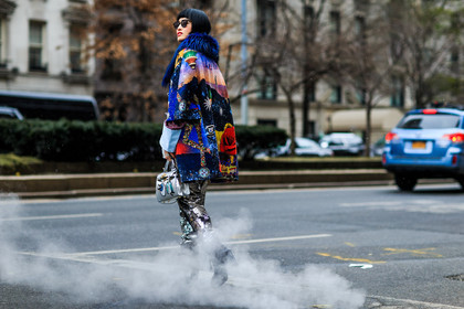 atmosphere details, AUTUMN WINTER 2016-2017, AW 16-17, black boots, blue coat, blue fur, embroidered bag, embroidered coat, fashion week, frenchystyle, full length, fun bag, fur collar, FW, FW 16-17, glitter, high heels, horizontal, jonathan paciullo, leather bag, leather boots, metallic bag, multicolor, multicolor bag, NEW YORK, NYFW, printed coat, sequined pants, silver bag, silver pants, street style, woman