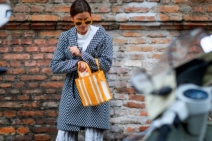 atmosphere details, AUTUMN WINTER 2017-2018, AW 17-18, balenciaga, belted coat, black and white, black belt, checked coat, detail, earrings, FALL WINTER 2017-2018, fashion week, frenchystyle, FW, FW 17-18, gingham, glitter, graphic bag, graphic coat, horizontal, jonathan paciullo, leather bag, leather belt, MFW, MILAN, plaid, printed bag, printed jacket, shiny pants, silver pants, street style, striped bag, sunglasses, sylvia haghjoo, trousers, white t shirt, yellow bag