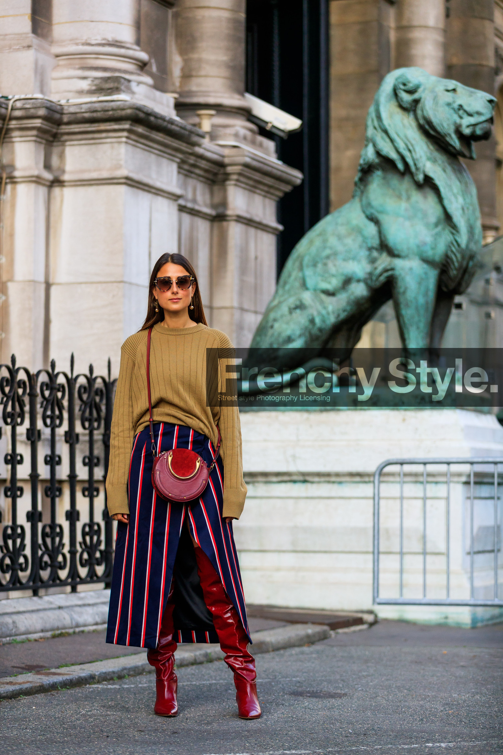 beige sweater, blue skirt, bordeaux, burgundy, chloé, fashion week, frenchystyle, full length, FW, graphic skirt, high heels, jonathan paciullo, leather bag, leather shoes, PARIS, PFW, printed skirt, red bag, red shoes, SPRING SUMMER 2018, SS 18, street style, striped skirt, sunglasses, vertical, julia haghjoo