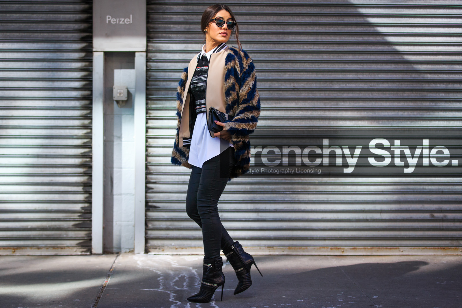 atmosphere details, AUTUMN WINTER 2016-2017, AW 16-17, black bag, black boots, black pants, brown fur, camila coelho, embroidered sweater, fashion week, frenchystyle, full length, fur jacket, FW, FW 16-17, high boots, high heels, horizontal, jonathan paciullo, leather bag, leather boots, leather pants, NEW YORK, NYFW, street style, striped jacket, sunglasses, teddy jacket, trousers, white shirt, woman, zip