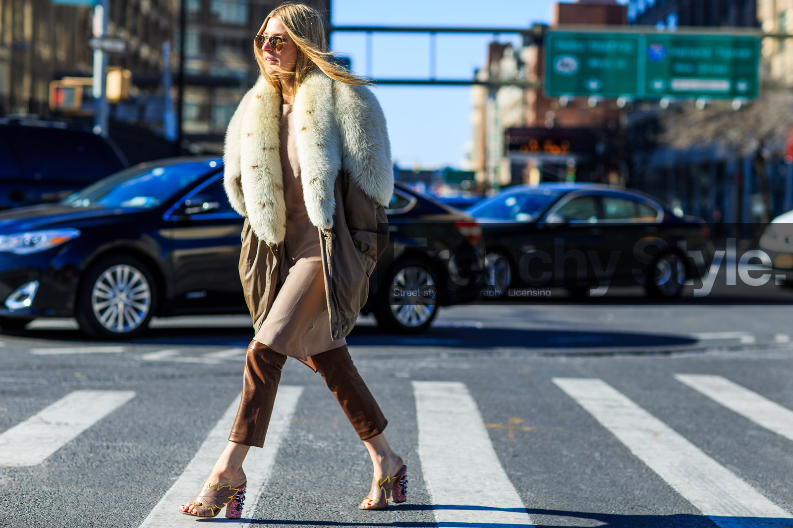 Adi Heyman, atmosphere details, AUTUMN WINTER 2016-2017, AW 16-17, brown dress, brown jacket, brown pants, brown sandals, camel pants, fashion week, frenchystyle, full length, fur collar, FW, FW 16-17, horizontal, jonathan paciullo, leather jacket, leather pants, mules, natural fur, NEW YORK, NYFW, ray ban, silk dress, street style, sunglasses, tone on tone, total look brown, white fur, woman